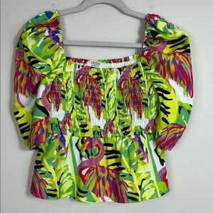 Crosby by Mollie‎ Burch Flamingo Tropical Print Top Smocking Puff Sleeve Sz Med
